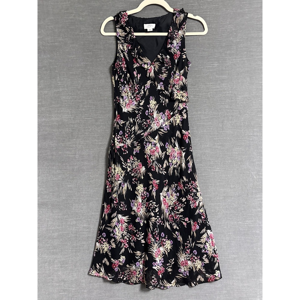 Vintage Loft Dress 0 Black Floral Silk Ruffle Sleeveless Midi Romantic Fairy 90s